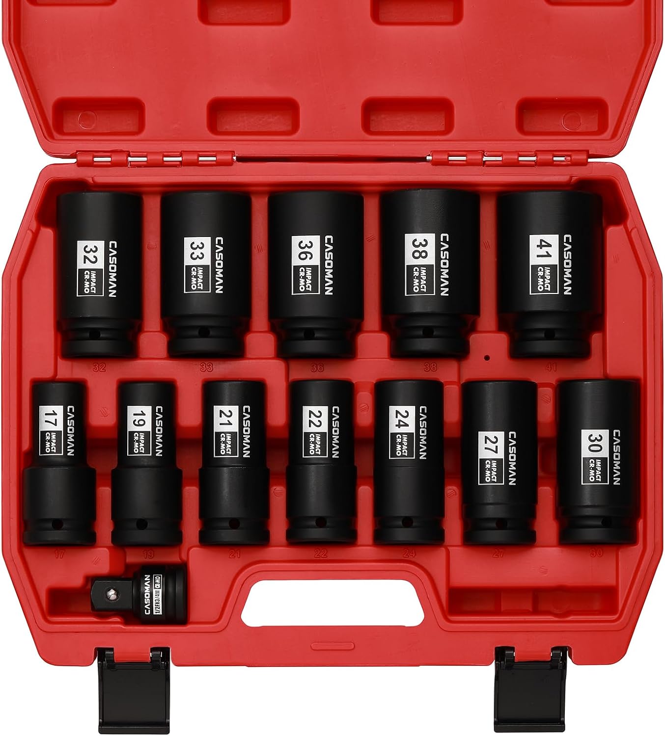 CASOMAN 9PCS 3/4" Drive Spindle Axle Nut Impact Socket Set, Include 1/2" to 3/4" Adapter, 6 Point, CR-MO, 2-1/16" to 2-1/2", Large Socket Set, Heavy Duty Use In Removing And Installing Axle Nuts