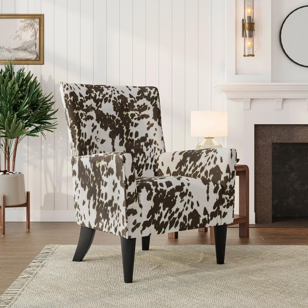 Shelter High Back Wingback Arm Chair in Velvet Brown Cow Print - Accent Chair for Living Room