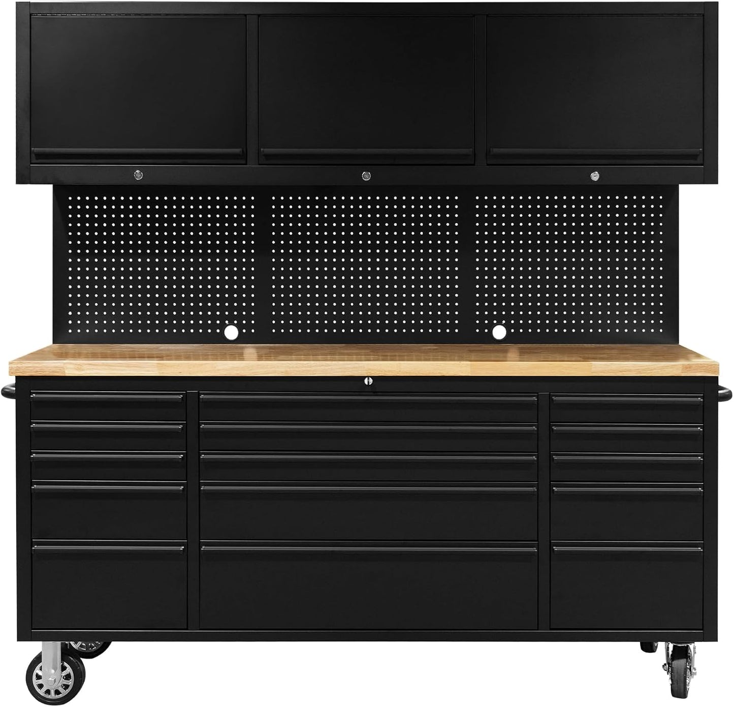 CHETTO C 72-inch Rolling Tool Chest Cabinet Mobile Workbench with 15 Storage Drawers and Wheels 3 Uper Cabinet Outlet SS Pegboard Black Tool Box for Garage