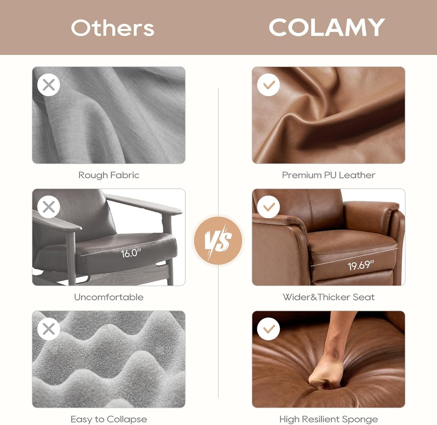 COLAMY Recliner Chair, Living Room Sofa Home Theater Seat PU Leather Couch with Footrest Cushion, Swivel Rocker Modern Bedroom Glider Chairs, Cocoa