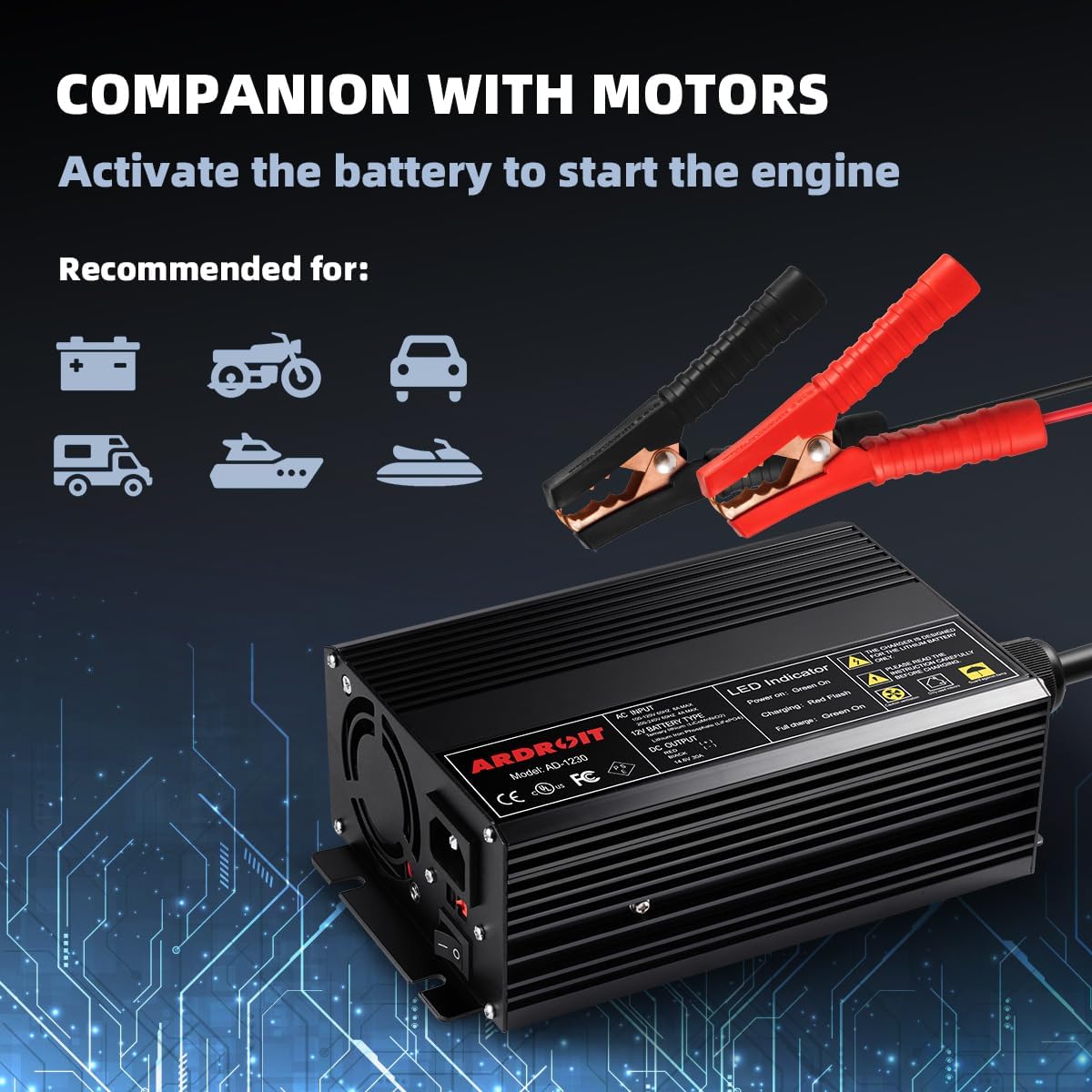 14.6V 30A Lithium Battery Charger, LiFePO4 Battery Charger AC-DC Smart Charger with Intelligent Trickle Charging, Cooling Fan, Switch, Dual Connection, Automatic Battery Maintainer