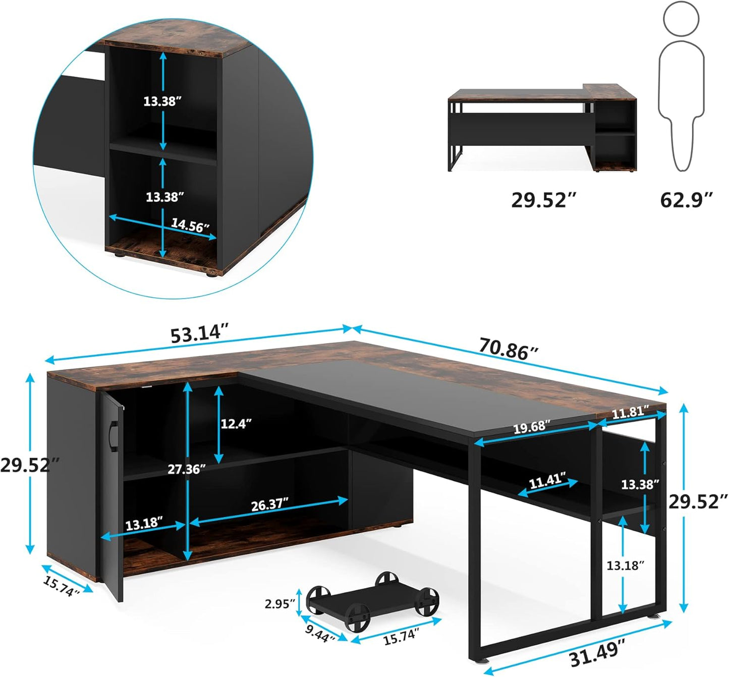 Tribesigns 71" L-Shaped Executive Desk, Large Office Desk with Lateral Cabinet and Open Shelves, Industrial Computer Table for Home Office, Walnut & Black
