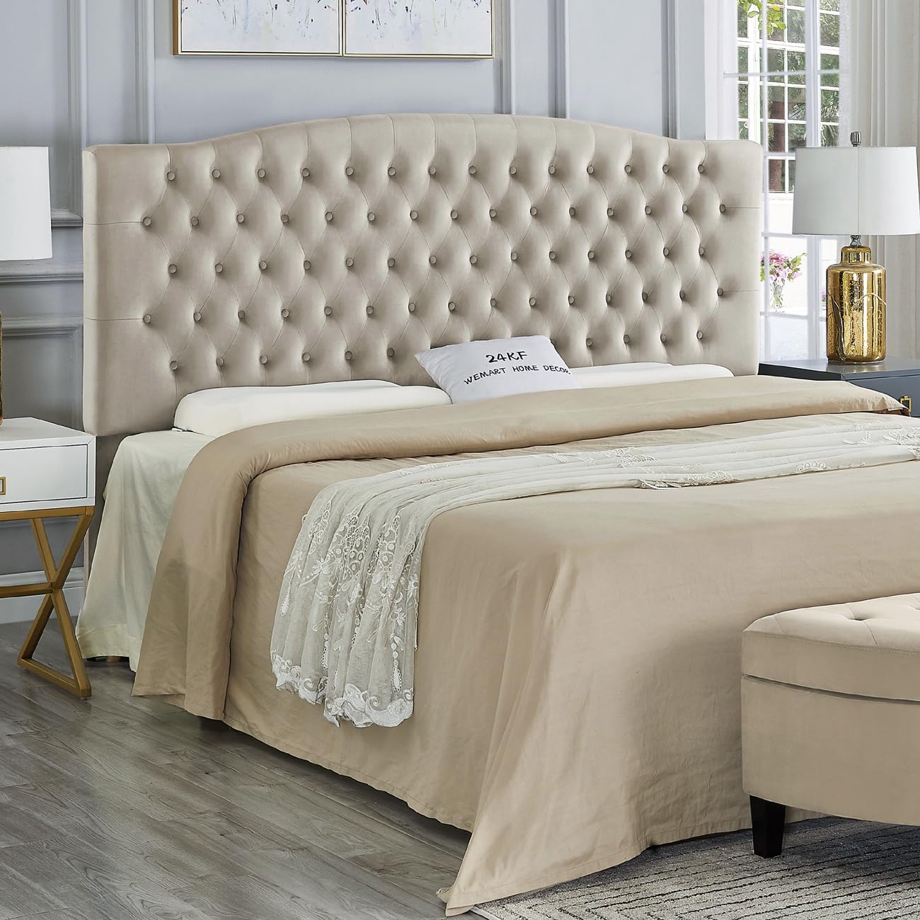 24KF Upholstered Tufted Button Linen Fabric Headboard,Comfortable Fashional Headboard King/CA King Size,Ivory
