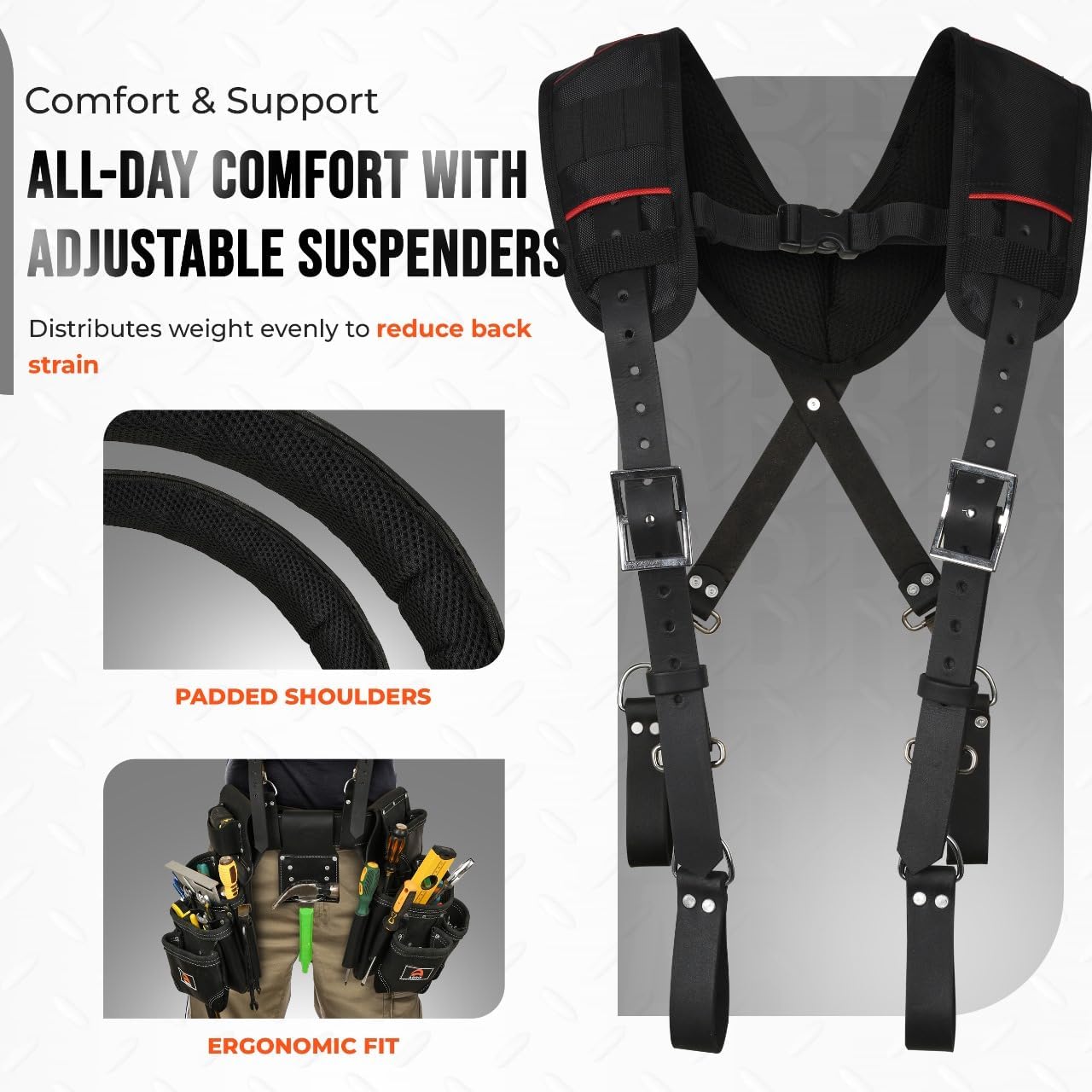ABRIX Leather Tool Belt for Men – Heavy Duty 28 Pocket Tool Belts with Suspender, Adjustable (Fits 30" to 50"), – for Carpenters, Electricians, Contractors (Black, Extra Large)