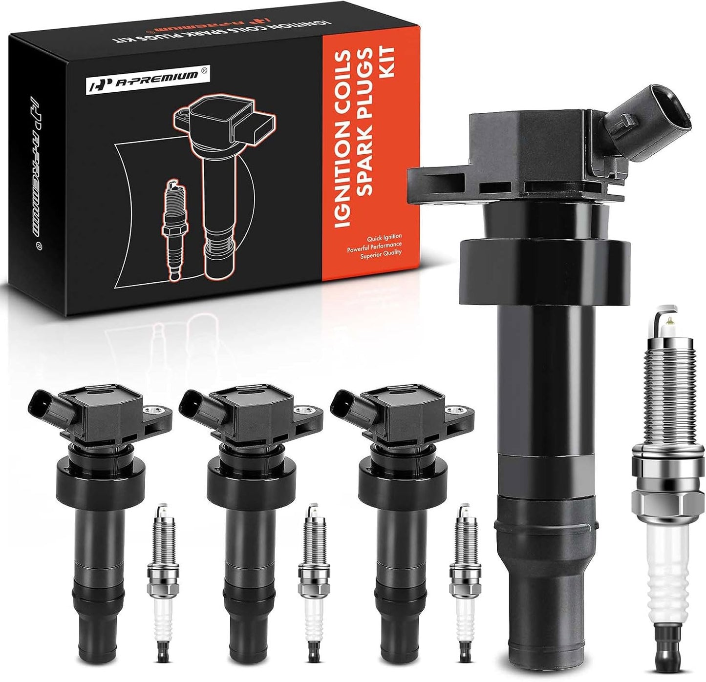 A-Premium Set of 4 Ignition Coil Pack and Iridium Spark Plugs Compatible with Hyundai Veloster 2012-2017, Accent & Kia Rio Soul 2012-2019, 1.6L Naturally Aspirated