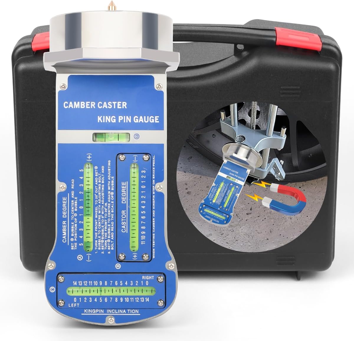 Camber Caster Gauge with Kingpin Inclination, 3-in-1 Pro Wheel Alignment Tools Automotive Magnetic Caster Camber Alignment Tool Precise Strut Wheel Hub Alignment Kit for Car Truck RV Tire Repair