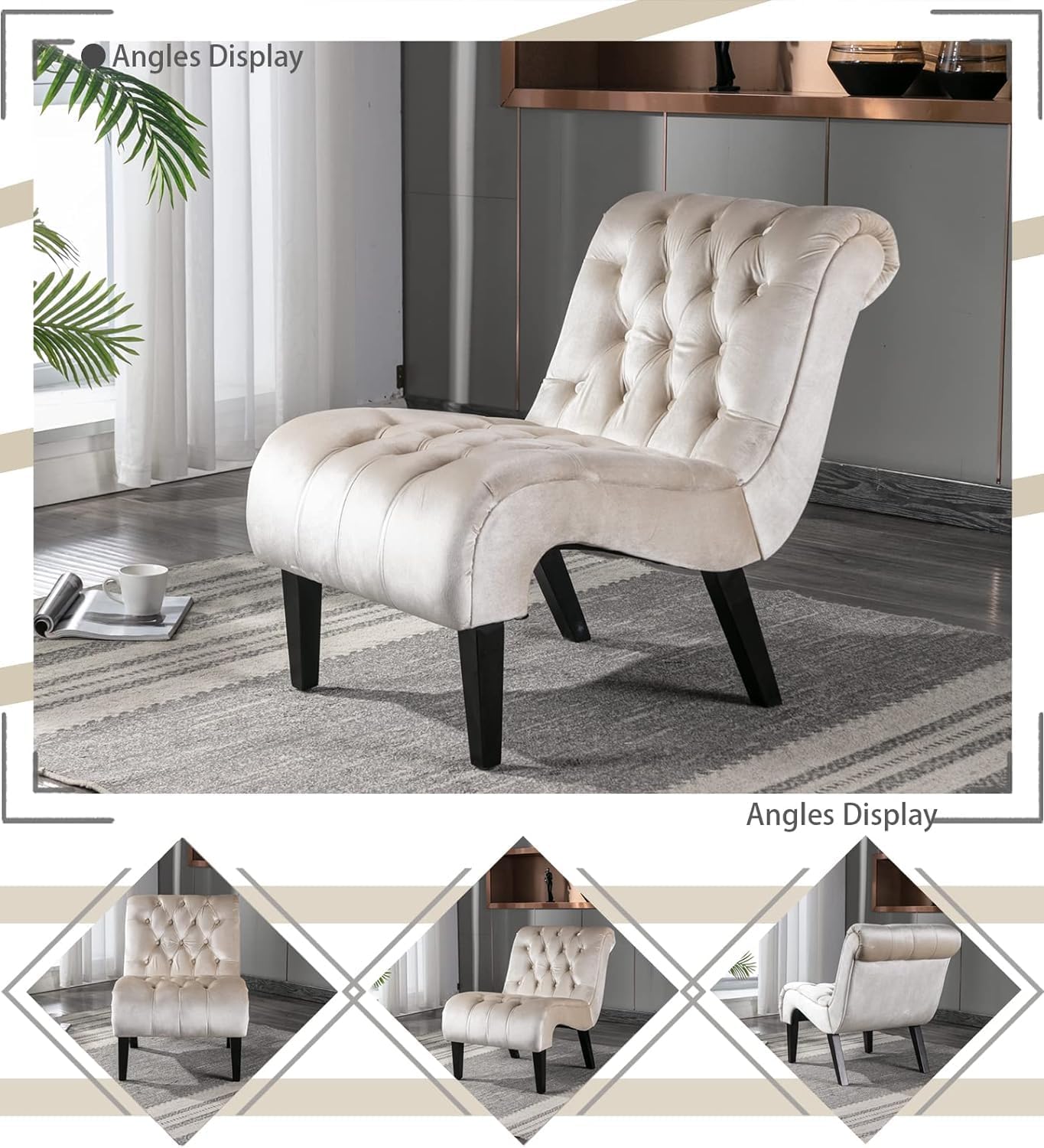 Comfy Velvet Accent Chair Set of 2, Upholstered Armless Side Chair for Living Room, Modern Small Lounger with Tufted Back and Rolled Edge Design, Comfy Chaise Lounge with Rubber Wood Legs, Beige