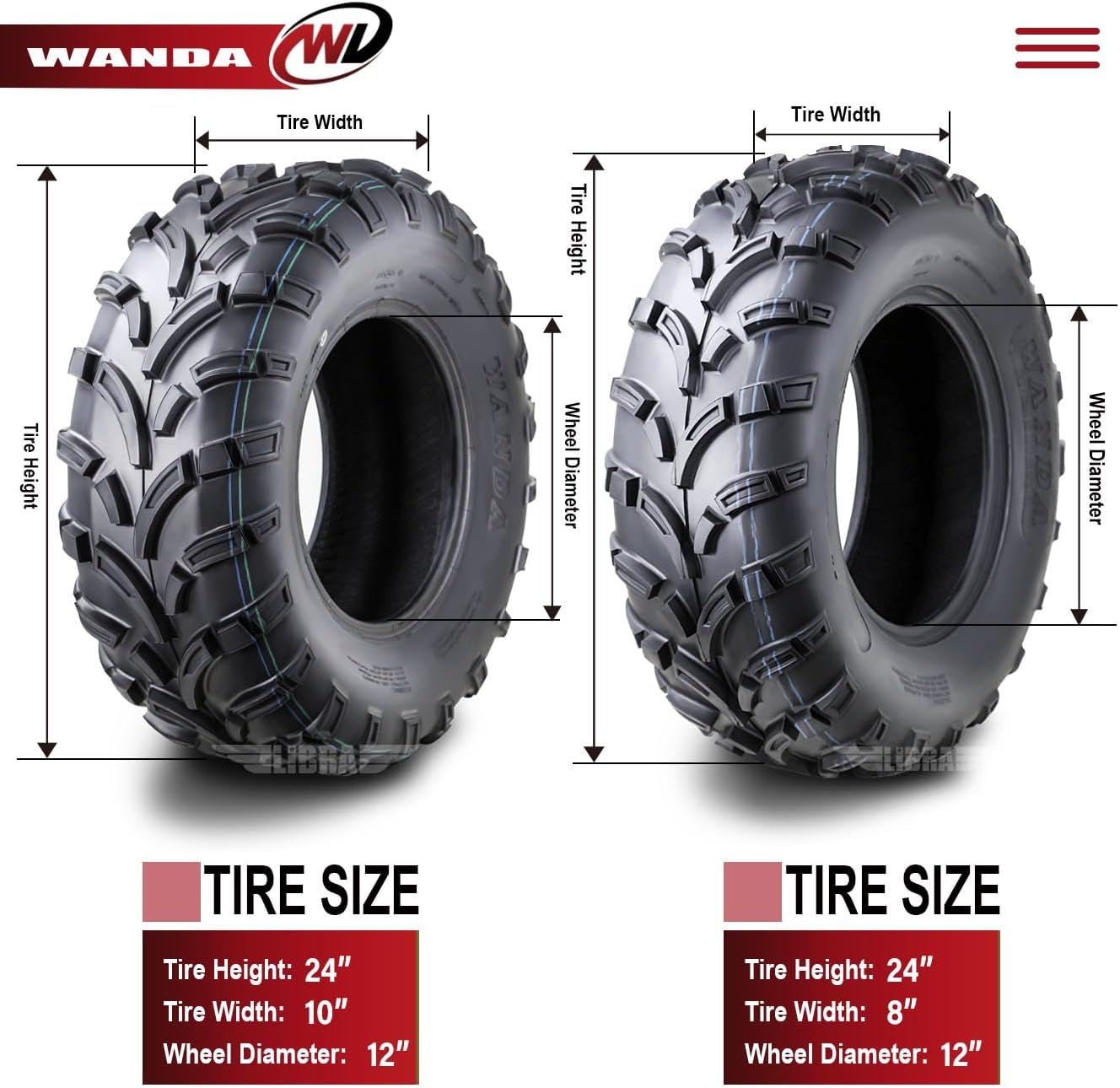 WANDA 24x8-12 & 24x10-12 ATV Tires Lt Mud fit for 08-09 Arctic Cat 366 4x4 Auto