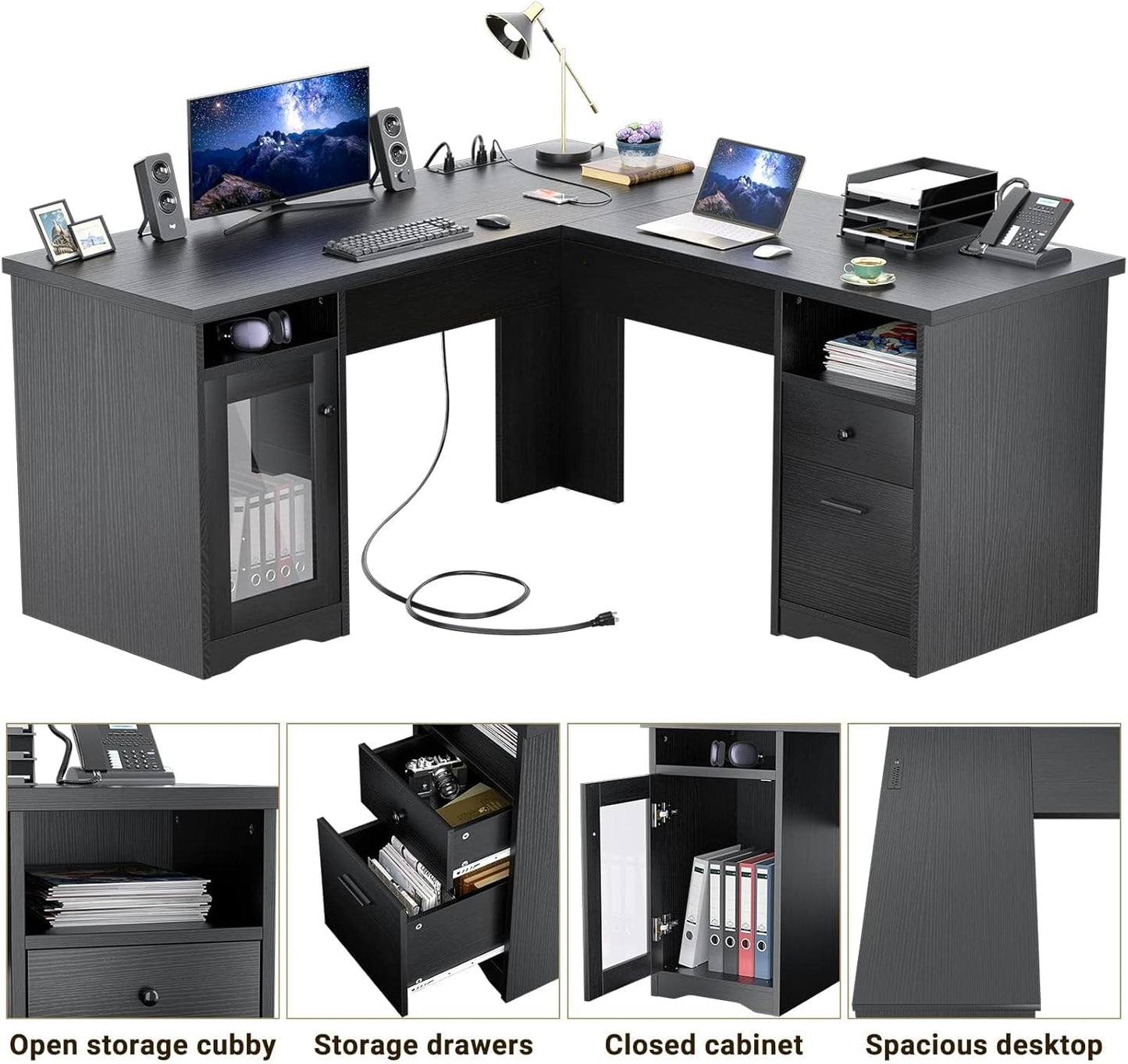 Unikito L Shaped Office Desk with Drawer, 60 Inch Computer Desk with Power Outlet & USB Charging Port, Large Corner Desk with File Cabinets, 2 Person Sturdy Executive Desk with Storage Cabinet, Black