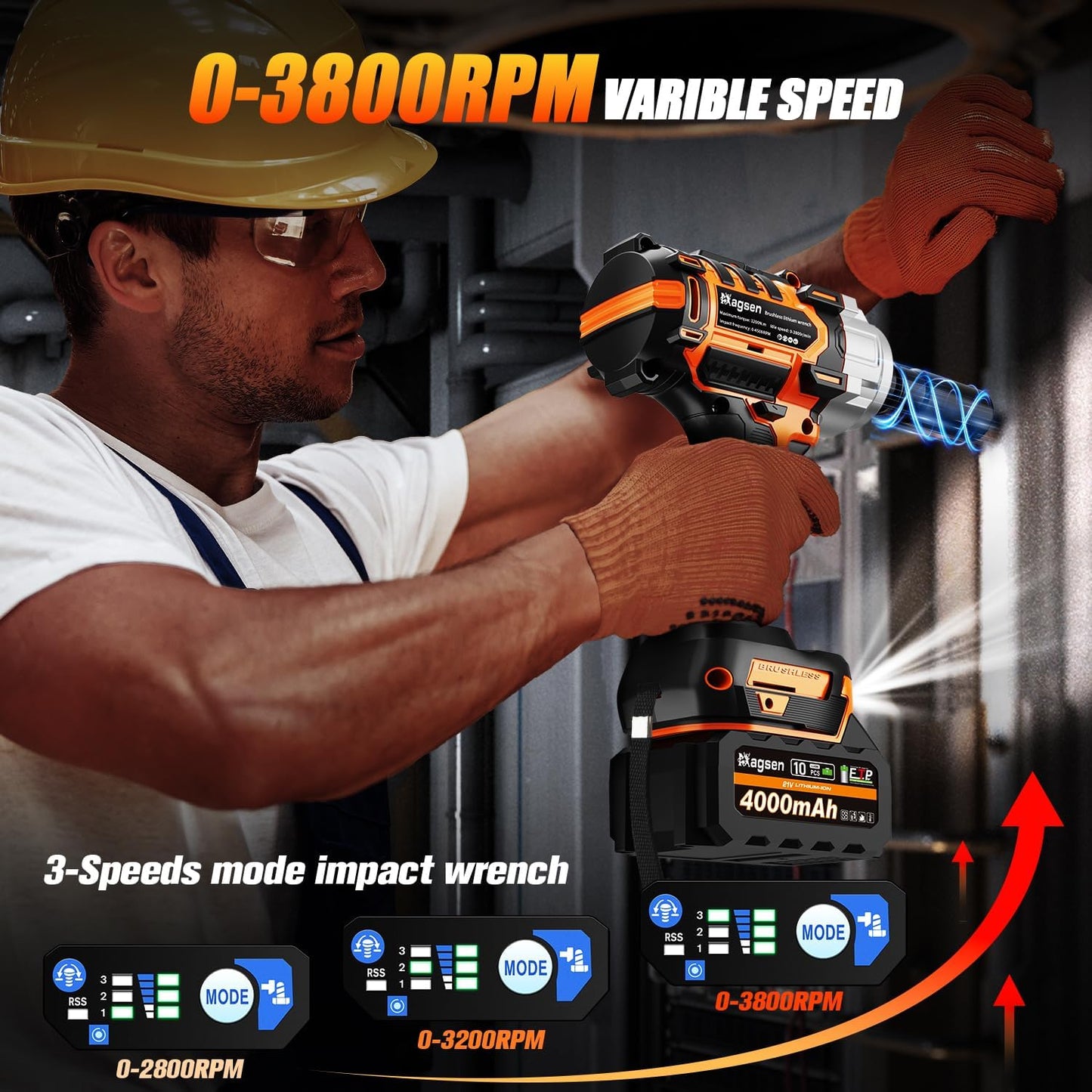 1/2 inch Cordless Impact Wrench, 900Ft-lbs (1200N.m) High Torque Brushless Impact Gun,3800RPM,2x4000mAh Battery, 6 Sockets,LED Light,Electric Impact Motor Variable Speeds for Car/Mower/Pickup