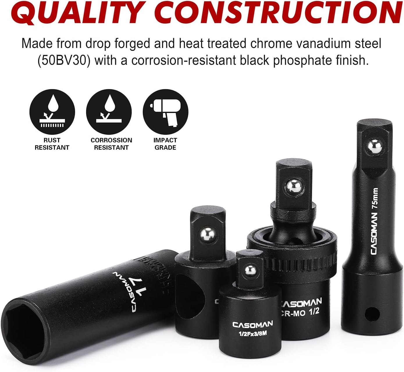 CASOMAN 1/2" Drive Master Impact Socket Set, 38 Piece Deep, Standard SAE (3/8" To 1-1/4") & Metric (10-32 mm) Sizes, Includes Extension Bar (3, 5, 10-inch), Adapters & Ratchet Handle, CR-V