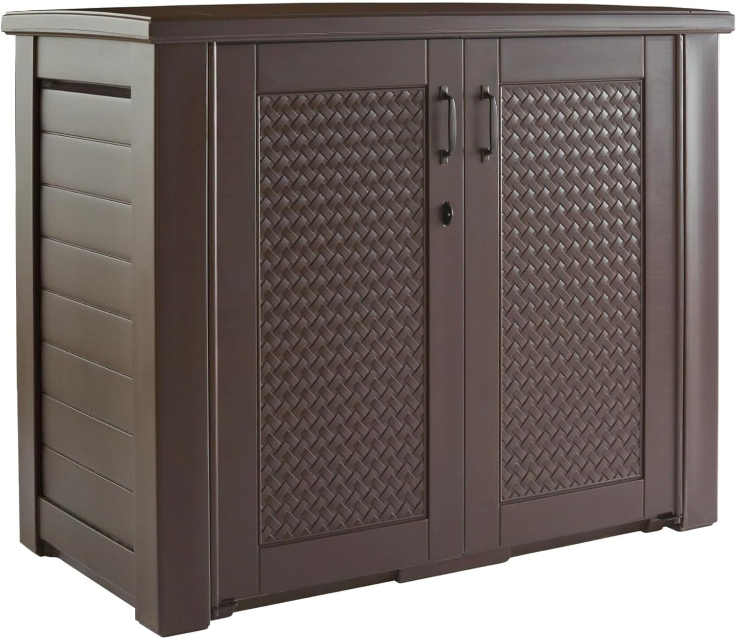 Rubbermaid Decorative Outdoor Storage Cabinet (123 Gal), Weather Resistant, Brown, Organization for Home/Backyard/Pool Chemicals/Toys/Garden Tools/Porch/Patio Cushions
