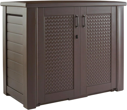 Rubbermaid Decorative Outdoor Storage Cabinet (123 Gal), Weather Resistant, Brown, Organization for Home/Backyard/Pool Chemicals/Toys/Garden Tools/Porch/Patio Cushions