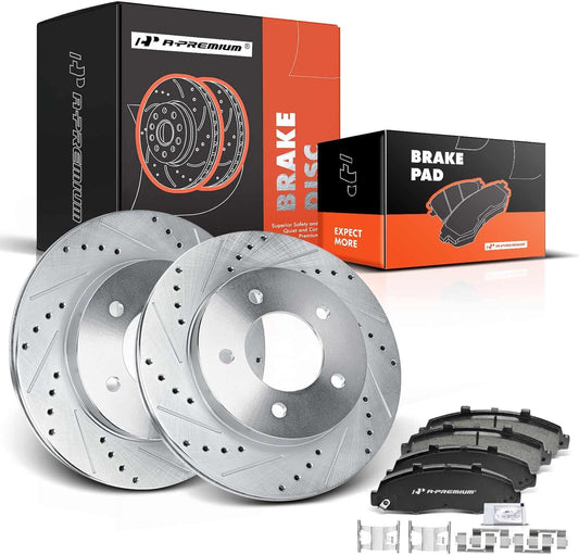 A-Premium 12.13 inch (308mm) Front Drilled and Slotted Disc Brake Rotors + Ceramic Pads Kit Compatible with Select Ford Models - For F-150 1997 1998 1999 2000 2001 2002 2003, 4WD 5-Lug, 6-PC Set