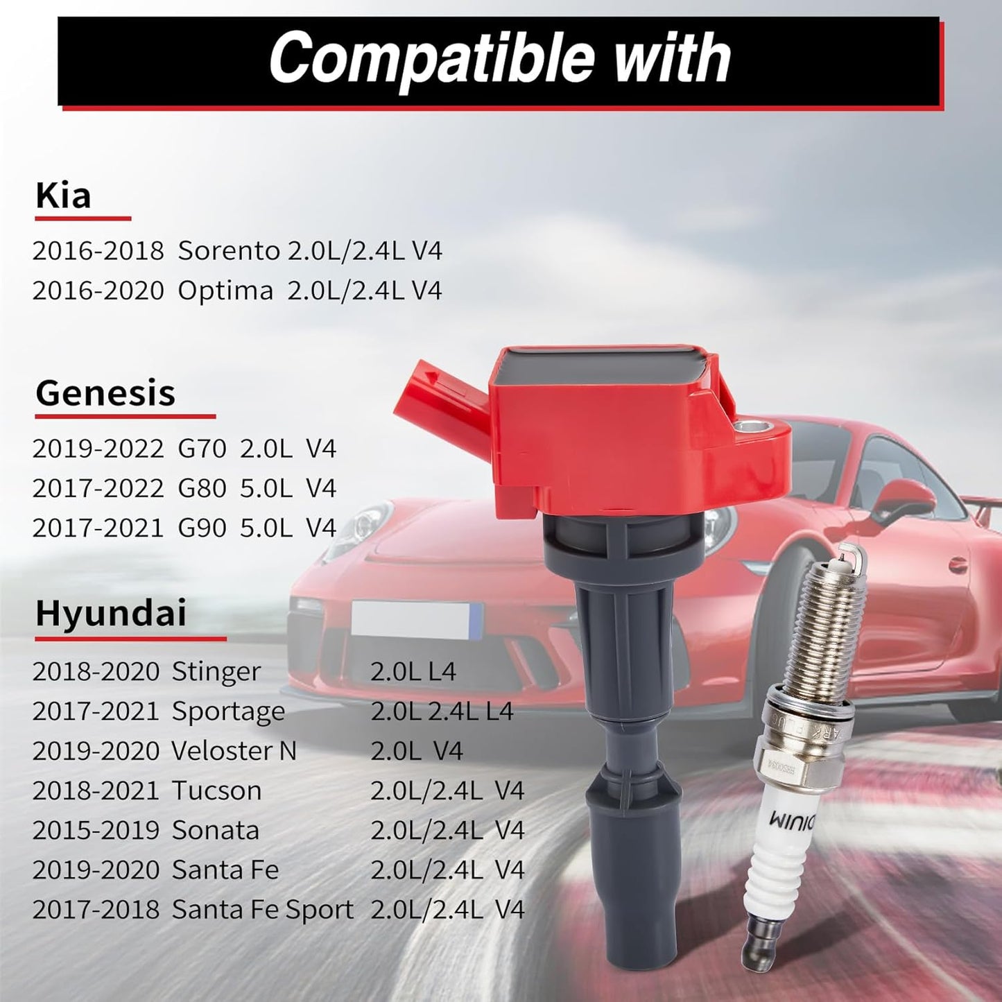 CarBole 4 Pack Ignition Coil UF764 & Spark Plugs 93175, Compatible with Genesis G70 G80 G90, Hyundai Sonata Santa Fe Sport Tucson, Kia Optima Sorento Replacement GN10730 C988 E1264 IC871