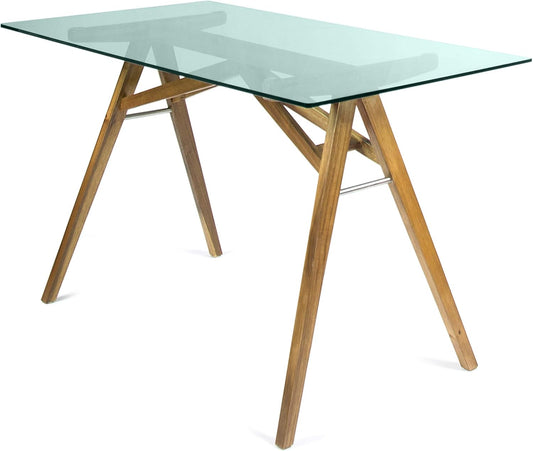 Christopher Knight Home Camila Mid-Century Tempered Glass Desk with Acacia Wood Frame, Dusk Grey / Natural Stained