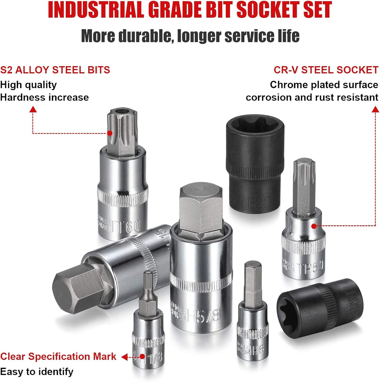 92-Piece Allen and Torx Bit Socket Set, 1/4" 3/8" and 1/2" Drive Tamper Proof Torx/Hex SAE & Metric Bit Set