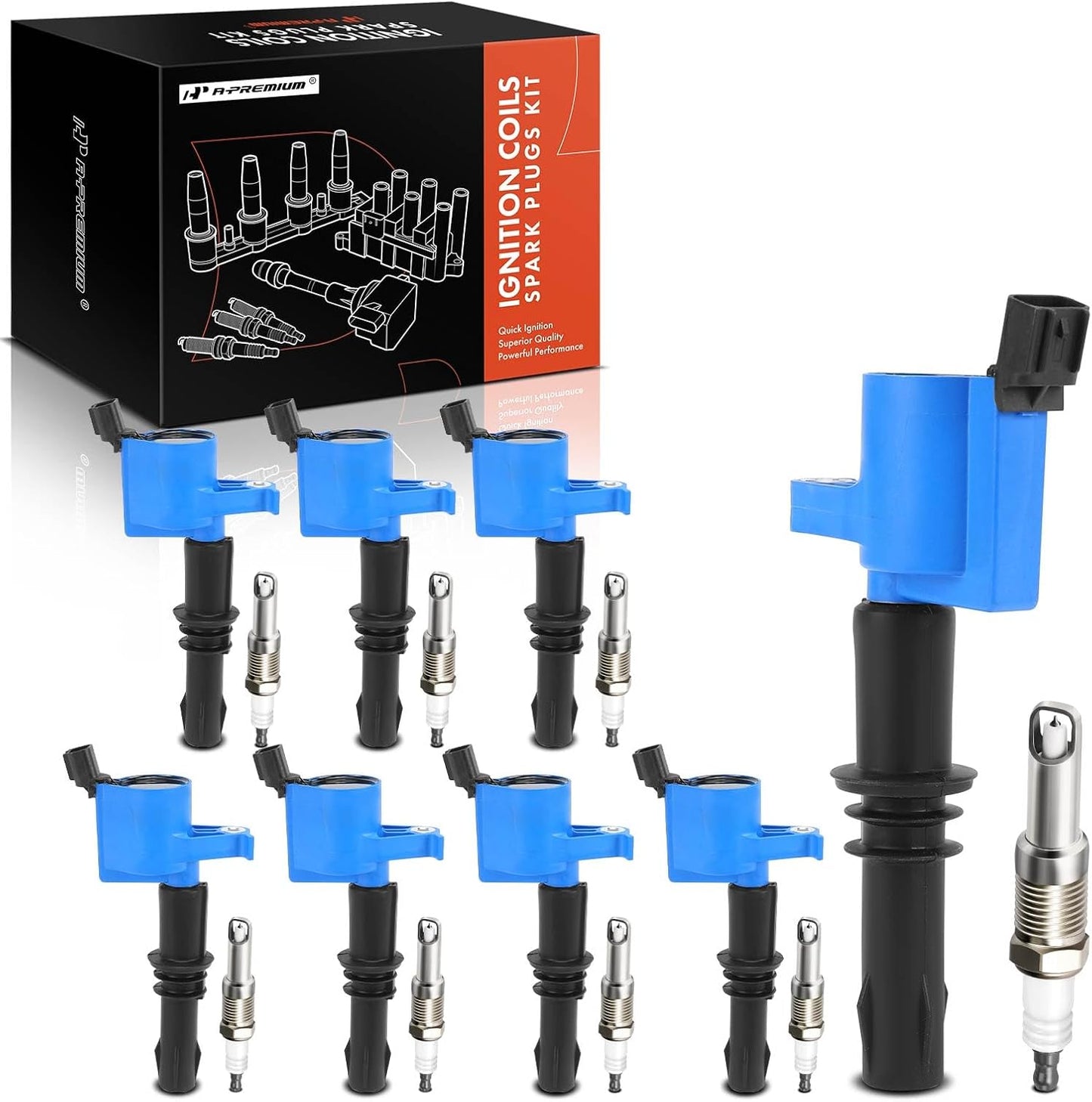A-Premium (Red) Set of 16 Ignition Coil Pack and Iridium Spark Plugs Compatible with Ford F-150 2004-2008, Expedition 2005-2008, F-250 Super Duty & Lincoln Mark LT, Navigator V8 5.4L, Replace# FD508