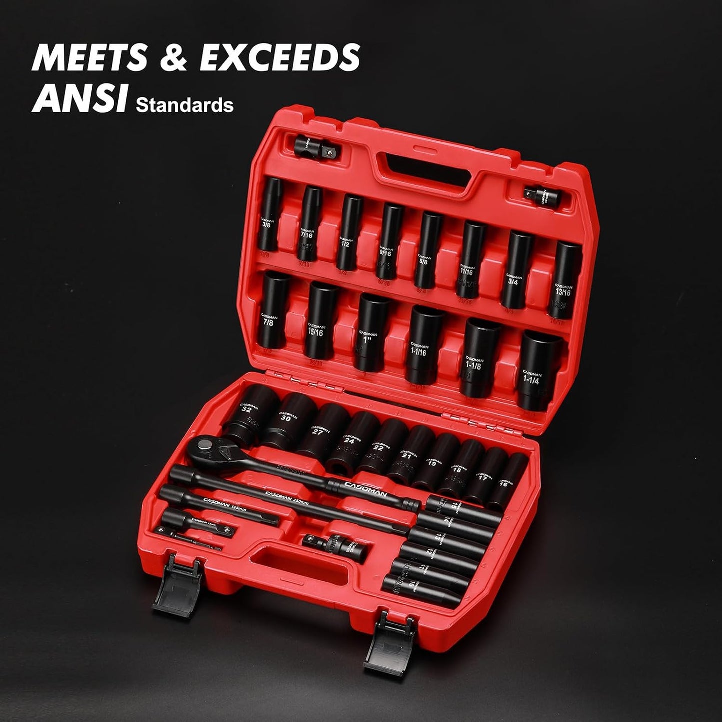 CASOMAN 1/2" Drive Master Impact Socket Set, 38 Piece Deep, Standard SAE (3/8" To 1-1/4") & Metric (10-32 mm) Sizes, Includes Extension Bar (3, 5, 10-inch), Adapters & Ratchet Handle, CR-V