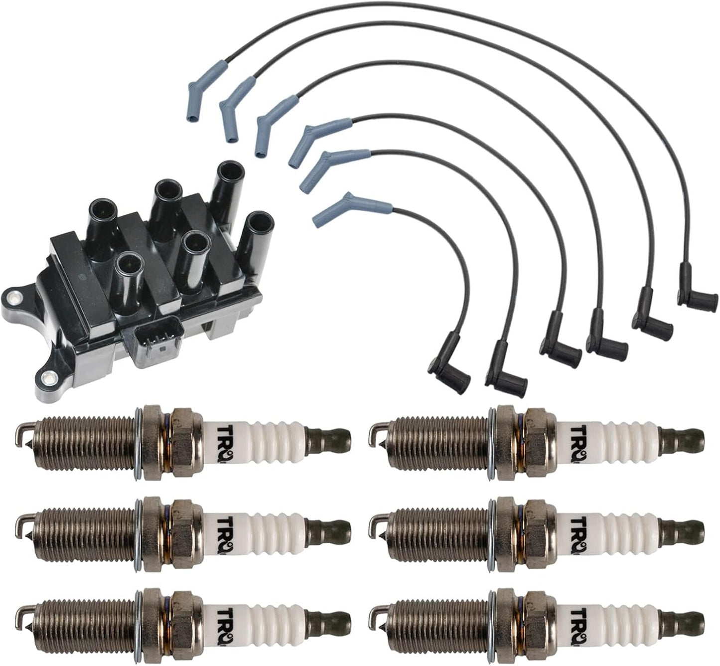 TRQ Ignition Kit Ignition Coil Spark Plugs Wire Set Compatible with 2001-2007 Ford Taurus 2001-2005 Mercury Sable
