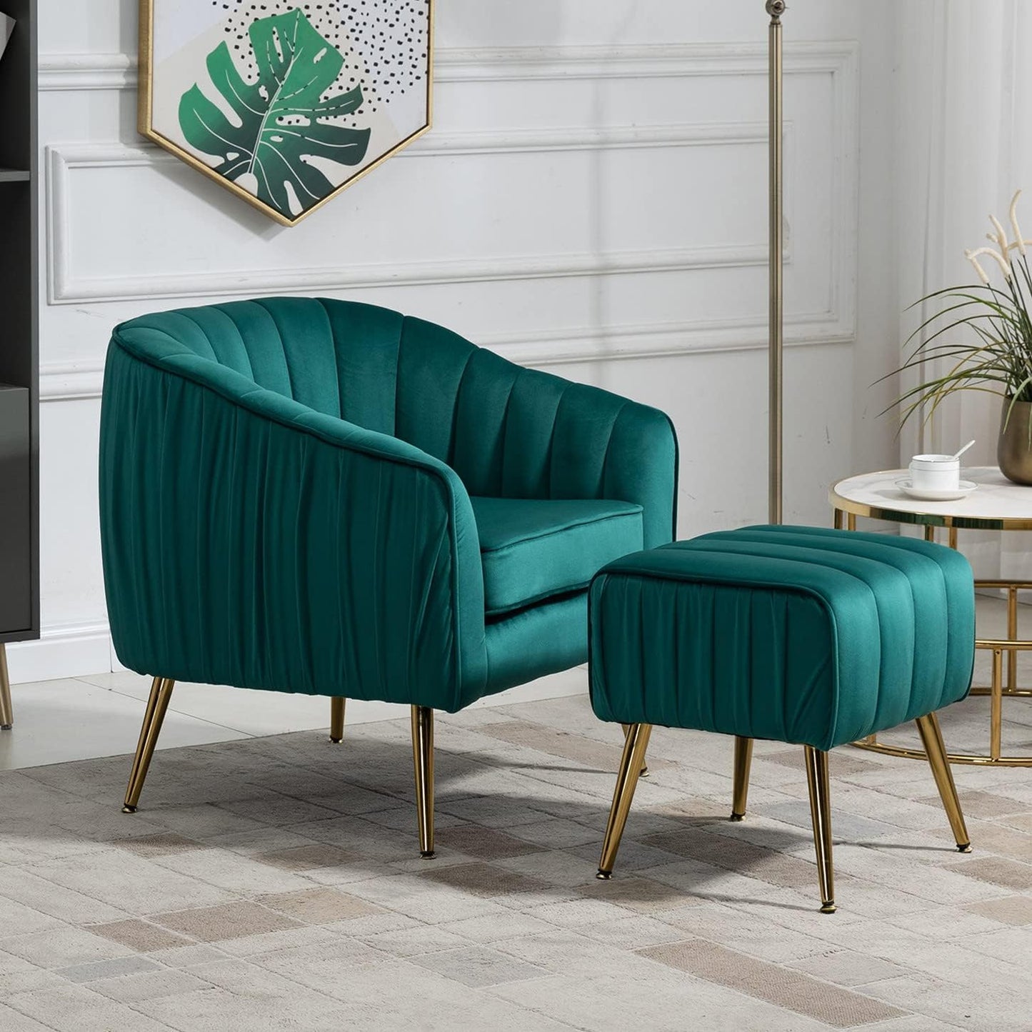 Yoluckea Modern Velvet Tub Barrel Chair with Ottoman Mid Century Upholstered Single Sofa Armchair Comfy Accent Living Room Chair with Ottoman Footrest Set for Bedroom Reading Room -Christmas Green