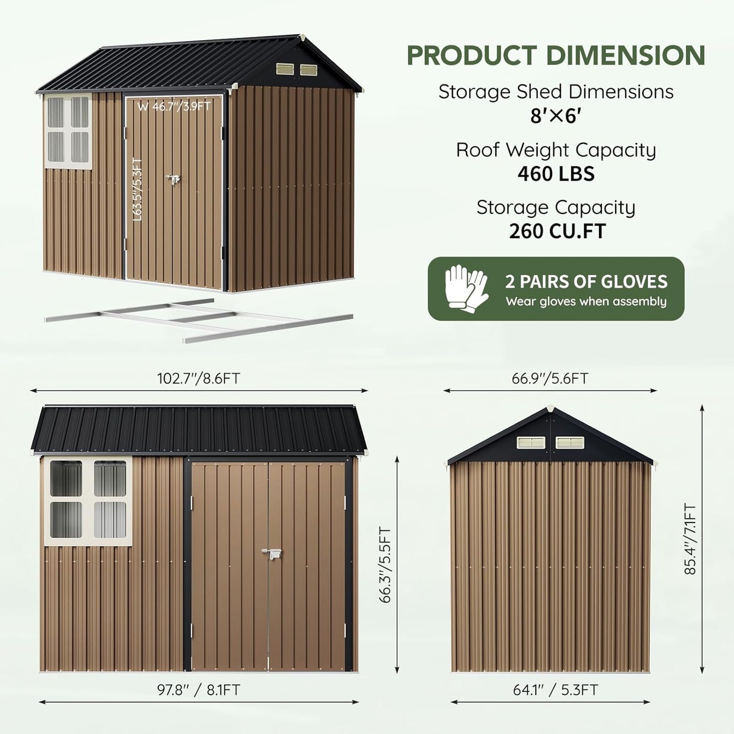 8x6 FT Outdoor Metal Storage Shed with Floor Frame, Double Doors, 1 Clear Window, Tool Shed for Garden, Patio, Backyard Brown