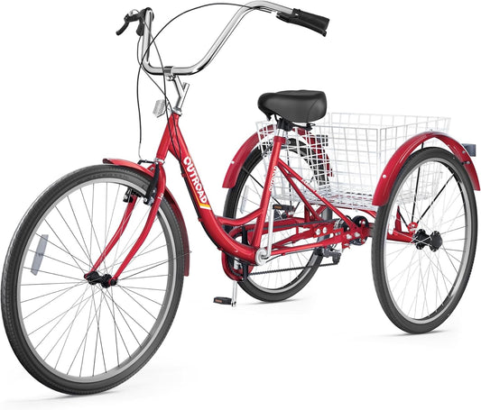 Adult Tricycle, 24/26 inch 7 Speed Cruiser Trike, 3 Wheel Bikes with Large Basket for Women and Men, Adult Trikes for Shopping Picnic Outdoor Sports (24 Red)