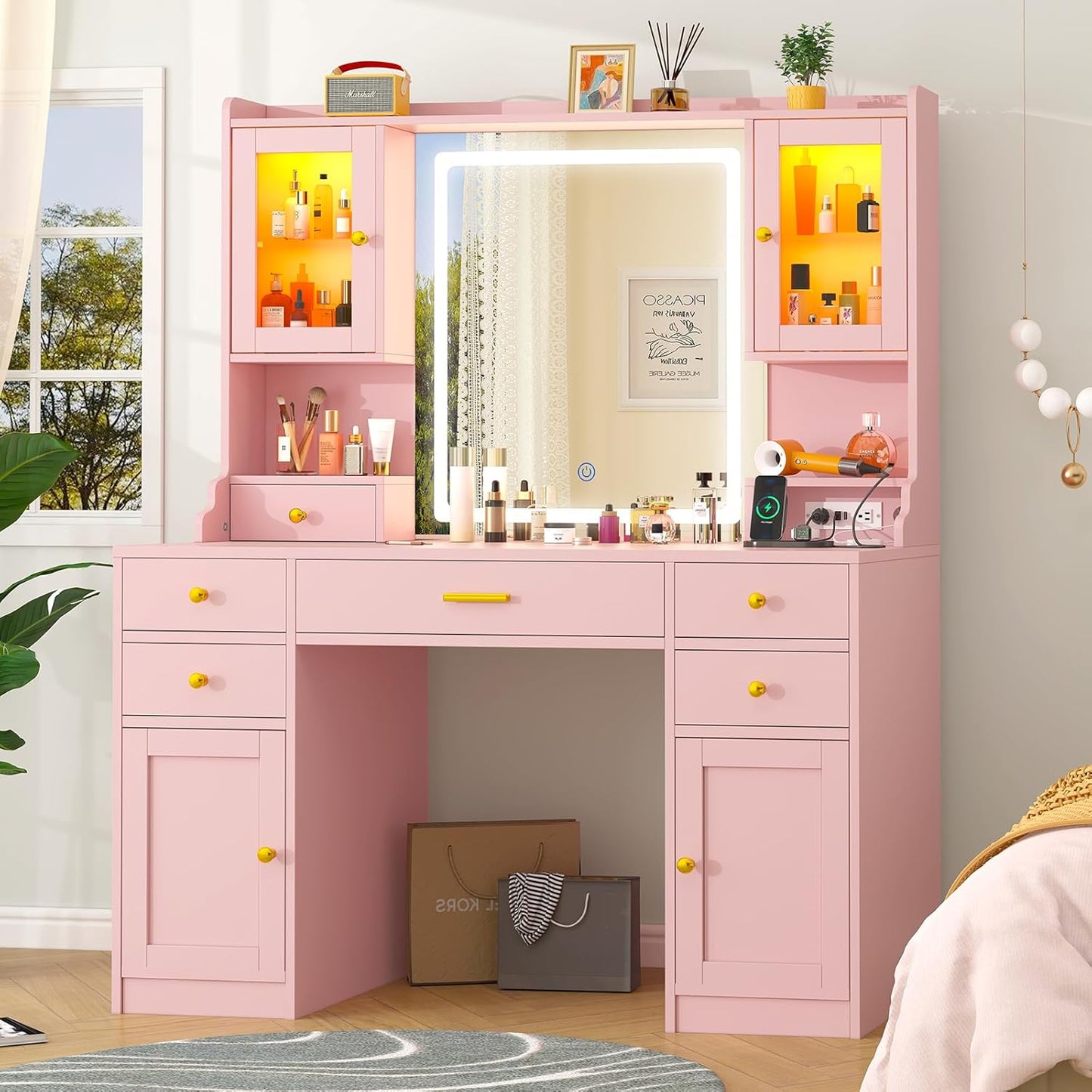 White Makeup Vanity Desk with Mirror and Lights, Large Vanity Table Set with Charging Station, Dressing Table with RGB Cabinets, Makeup Vanity Mirror with Light Desk and Drawers, 3 LED Light Modes