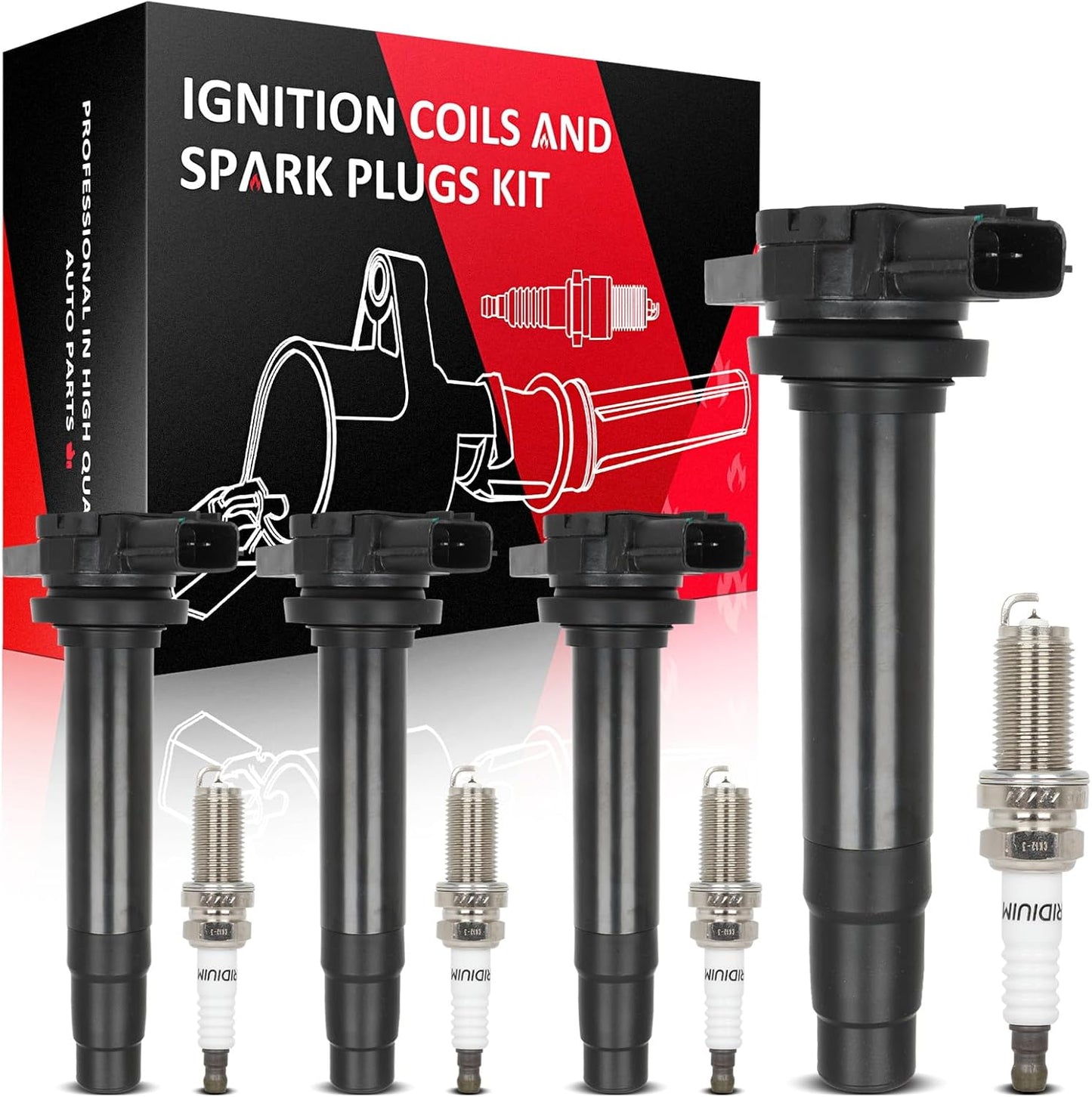 SCITOO ignition coils 4+Spark Plugs 4 4pcs Replacement for P-assat 1.8L 2001-2005,for J-etta 1.8L 2001 2002 2003 2004 2005,for A-udi A4 1.8L 2001-2007 Replace UF411 UF-437, UF-580, CO044