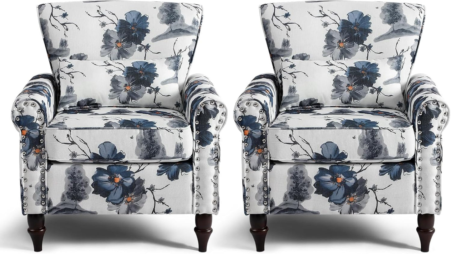Wingback Accent Chair with Removable Pillow, High Back Floral Armchair with Solid Wood Legs & Nailhead Trim, Comfy Upholstered Reading Single Sofa Chair for Bedroom (2, Blue Floral Pattern)
