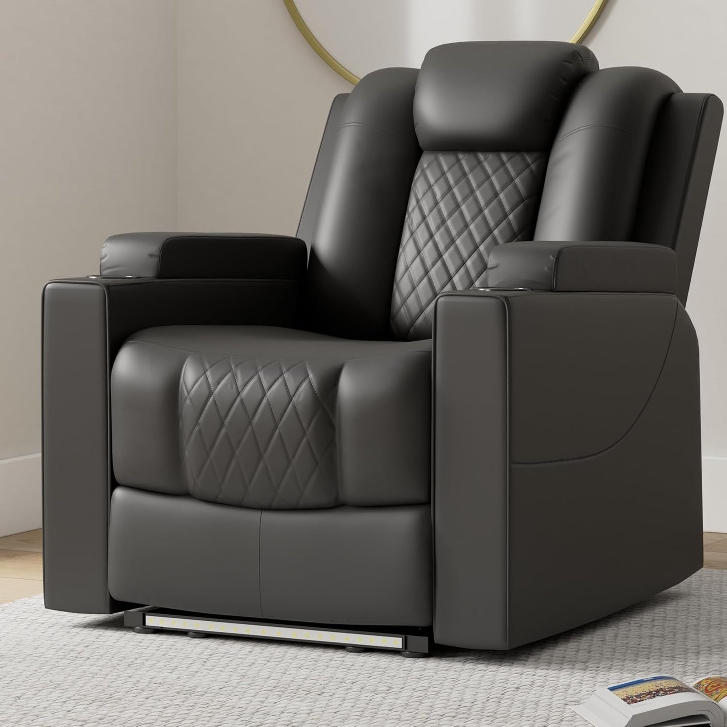 COMHOMA Power Recliner Chair PU Leather Electric Massage Recliner Sofa for Living Room Home Theater Seating with Cup Holders and LED Lighting (Black)