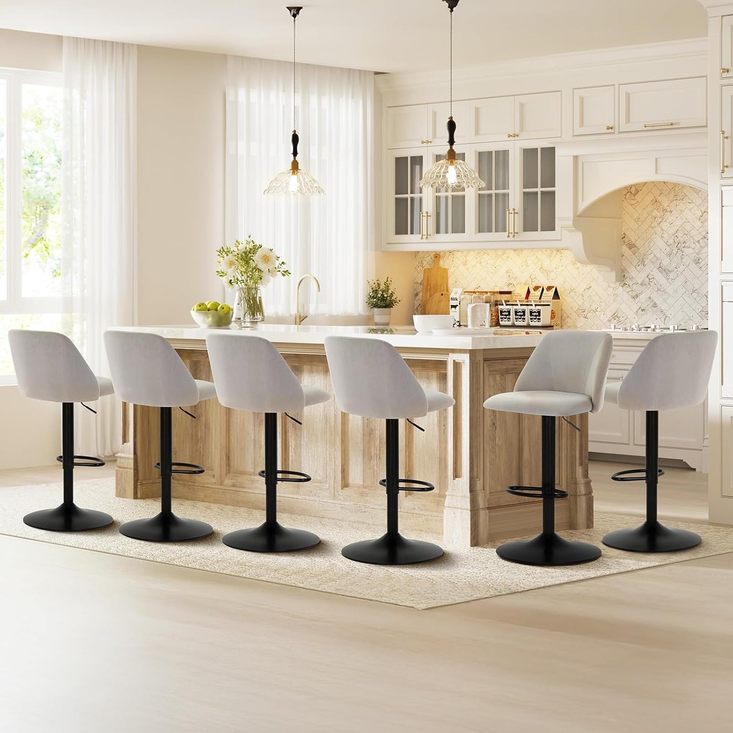 COLAMY Bar Stools Set of 3, Modern Swivel Bar Chairs, Adjustable Upholstered Barstools Counter Height with Full Backrest for Bar, Dining Room, Kitchen Island, Beige