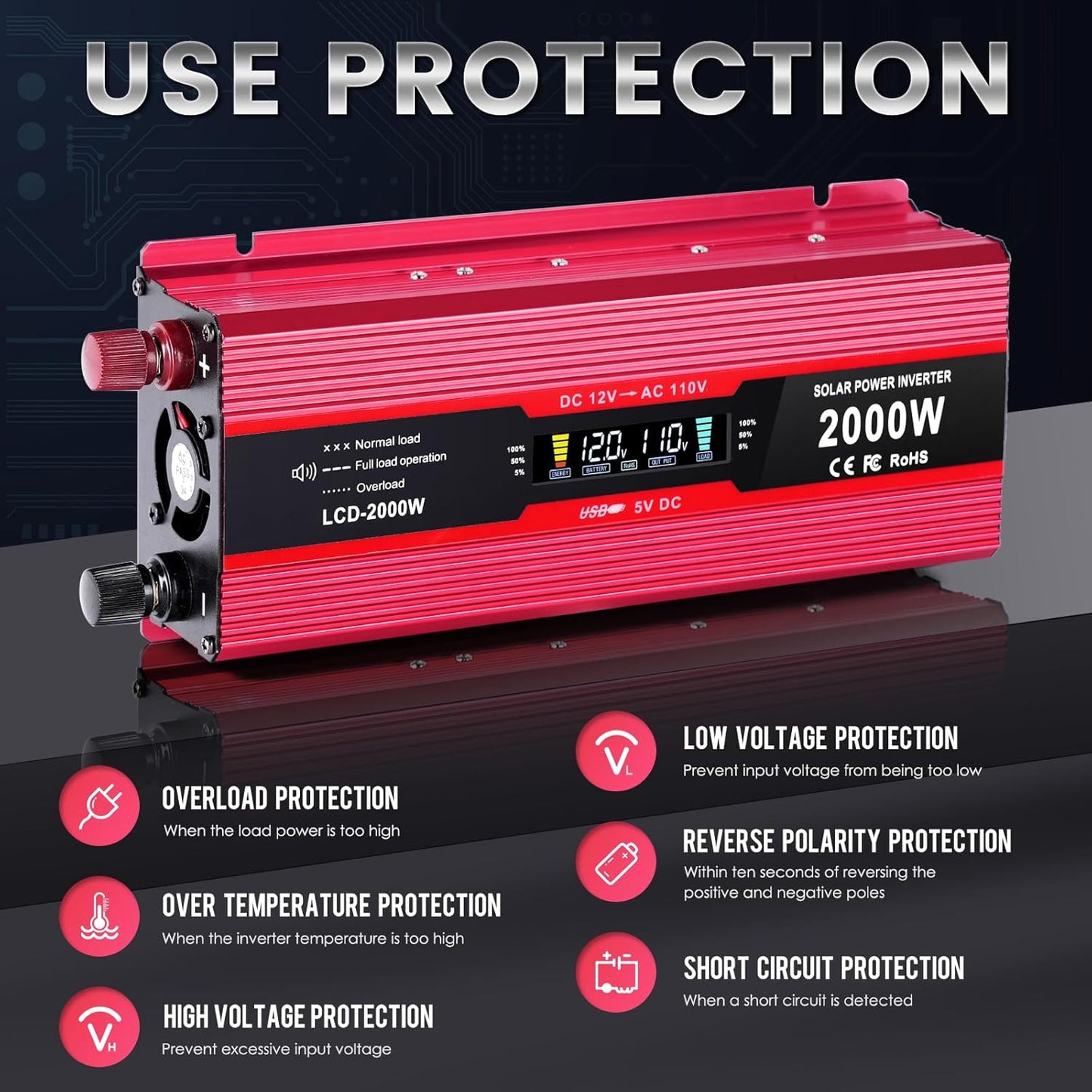 Car Power Inverter 12v to 110v 1000W/2000W(Peak) Power Inverters for Vehicles Truck Home with Dual AC Outlets and 5V USB Charging Port inversor de corriente 12v a 110v (1000W)