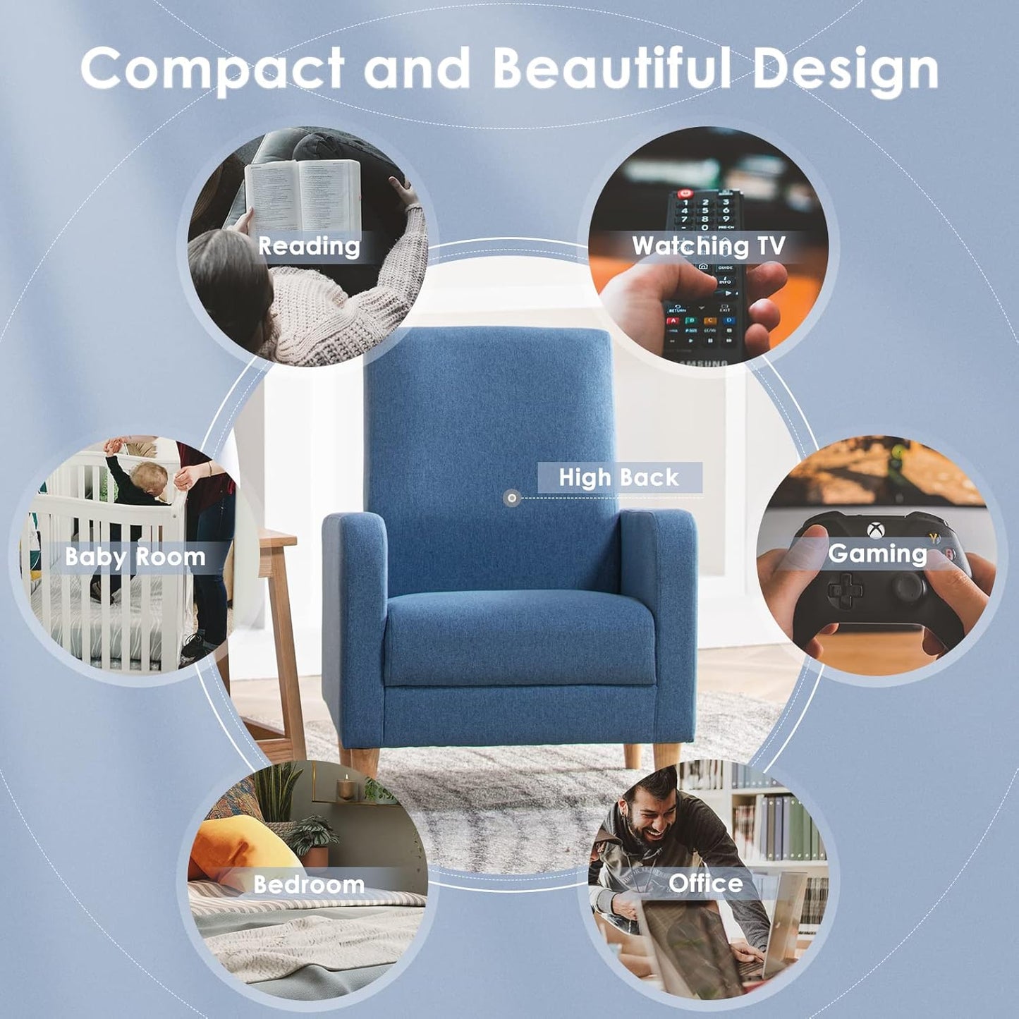 COLAMY Fabric Accent Living Room Chairs Set of 2, Upholstered Arm Chair Reading Side Chair, Single Sofa with Back Pillow and Wood Legs, Blue