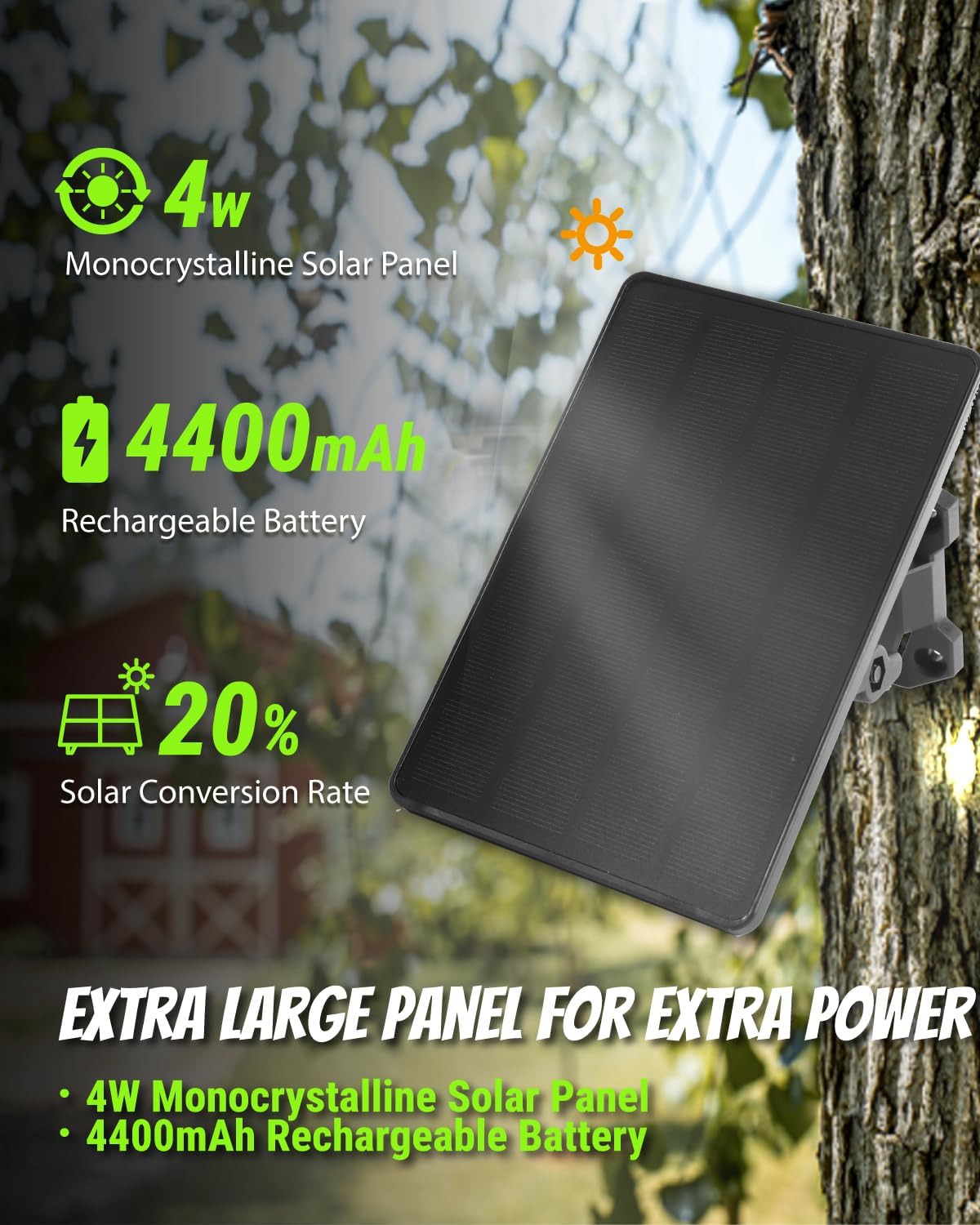 5V/12V Trail Camera Solar Panel - 4W Solar Panel Battery w/ 4400mAh Li-ion Battery, IP66 Waterproof Rated, Solar Battery Charger Kit for Game Cameras