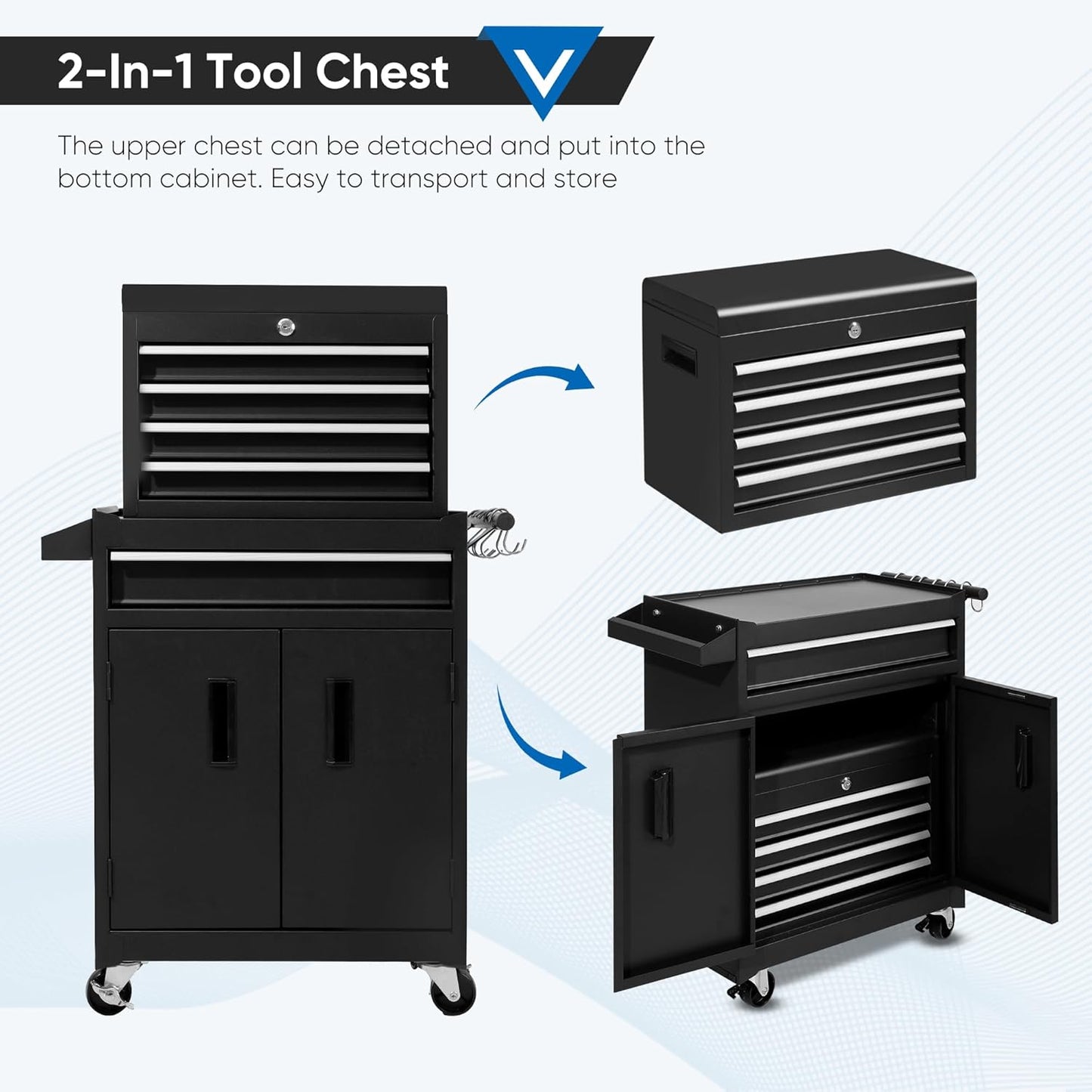 Steelite Tool Chest with Wheels, Large 5-Drawer Tool Box Organizer, Lockable Wheels & Sliding Drawers & Detachable Top & Adjustable Shelf, Metal Rolling Tool Cart for Garage Workshop
