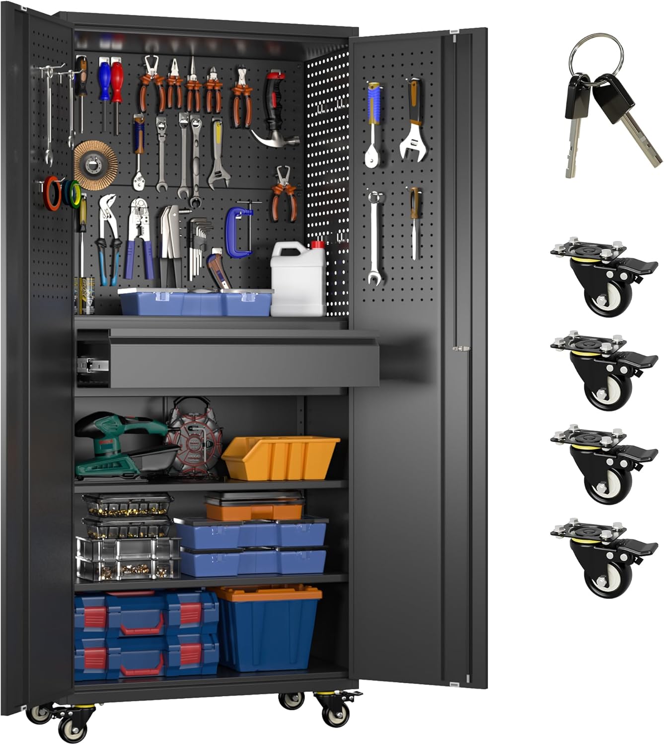 71" H Broom Storage Cabinet with Wheels and Doors,Rolling Tool Cabinet with Pegboard,Shelves and Rod for Garage Warehouse Home,Required Assembly,Black