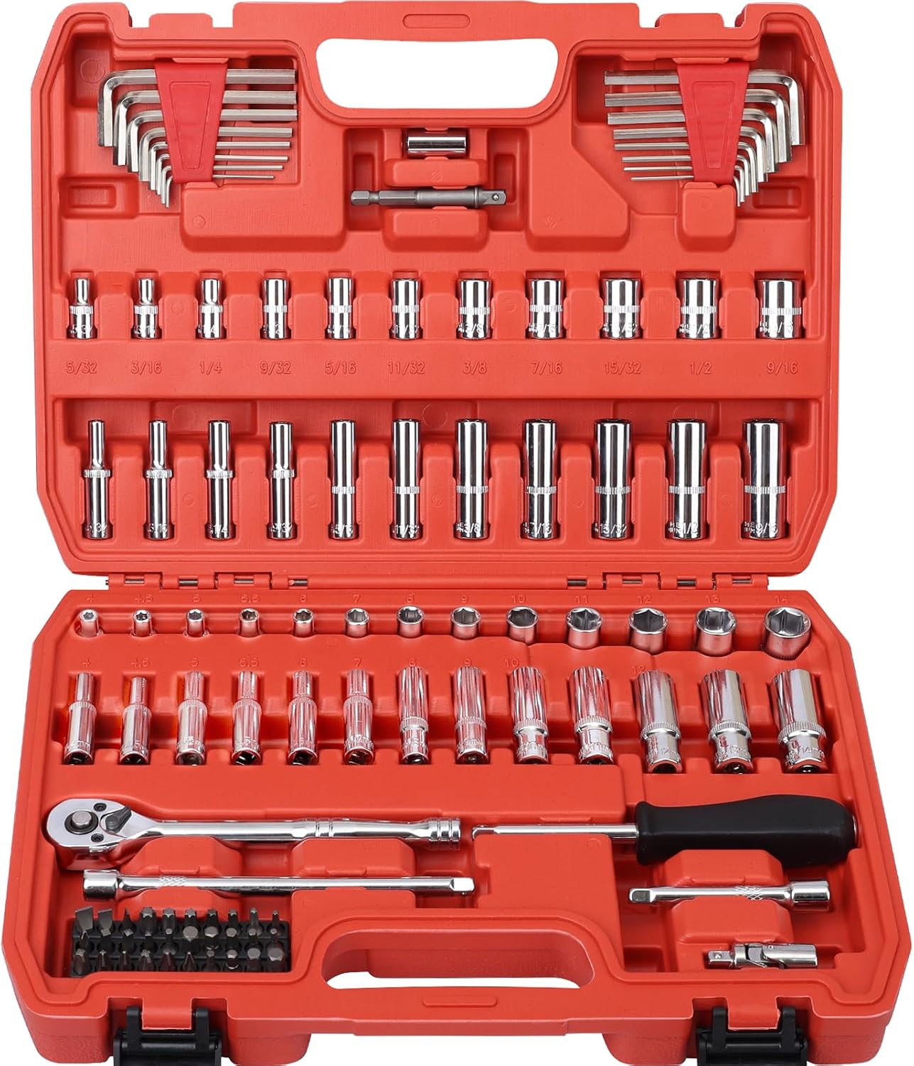3/8” Drive Socket Set, 76 Pieces Ratchet Wrenches Set, Standard and Deep Metric (8 to 19mm)/SAE (5/16 to 3/4 inch) Size, with 72-Tooth Ratchet for Auto Repairing and Household, with Storage Case