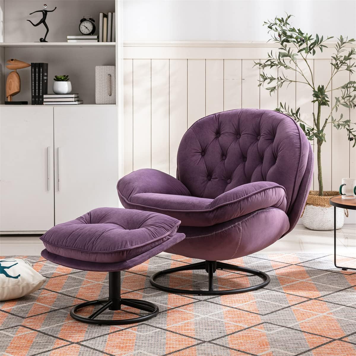 TRIPLE TREE Modern Swivel Accent Chair, Mid-Century Lounge Chair and Ottoman Set, Velvet Upholstered Button Tufted Recliner Chair, Reading Chair with Footrest for Living Room Indoor Bedroom, Black