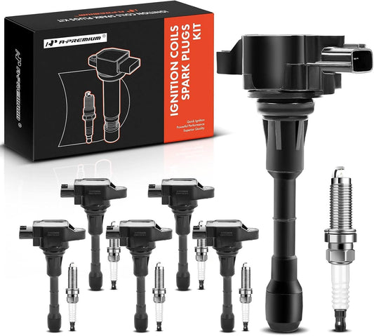 A-Premium Ignition Coils and Spark Plugs Kits Compatible with Nissan 370Z 2009-2020 & Infiniti Q50/Q60 2014-2015, QX50/QX70 2014-2017, Q70 2014-2019, Q70L, G37, EX37, FX37, M37, 3.7L 6-PC Set