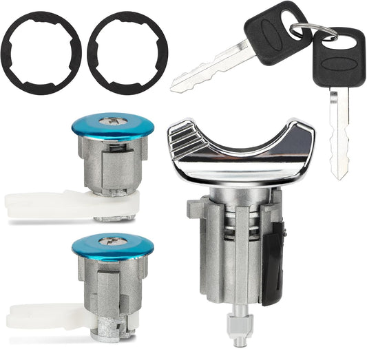 C42150 Ignition Switch Lock Cylinder & Front Door Lock Cylinder w/Key for 90-96 Ford E150 E250 E350 F150 F250 F350 Mustang Bronco Taurus/Mercury Sable Replaces# C-42-150 DP-42-122 F3UZ1522050D