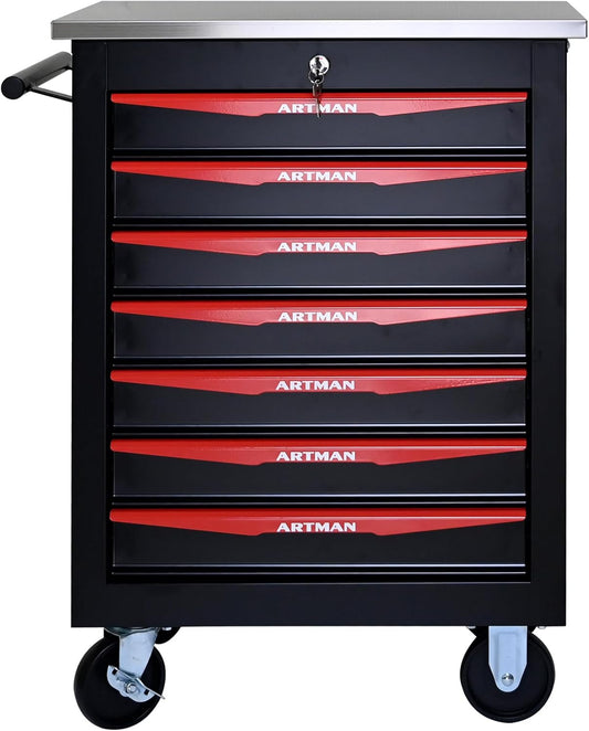RYH 4/5/6/7 Drawer Heavy-Duty Rolling Tool Cart with Wheels & Lockable Drawers, Mobile Tool Chest with Stainless Steel Worktop, Ball-Bearing Slides for Garage,Tool Storage (Black, 7-Drawers)