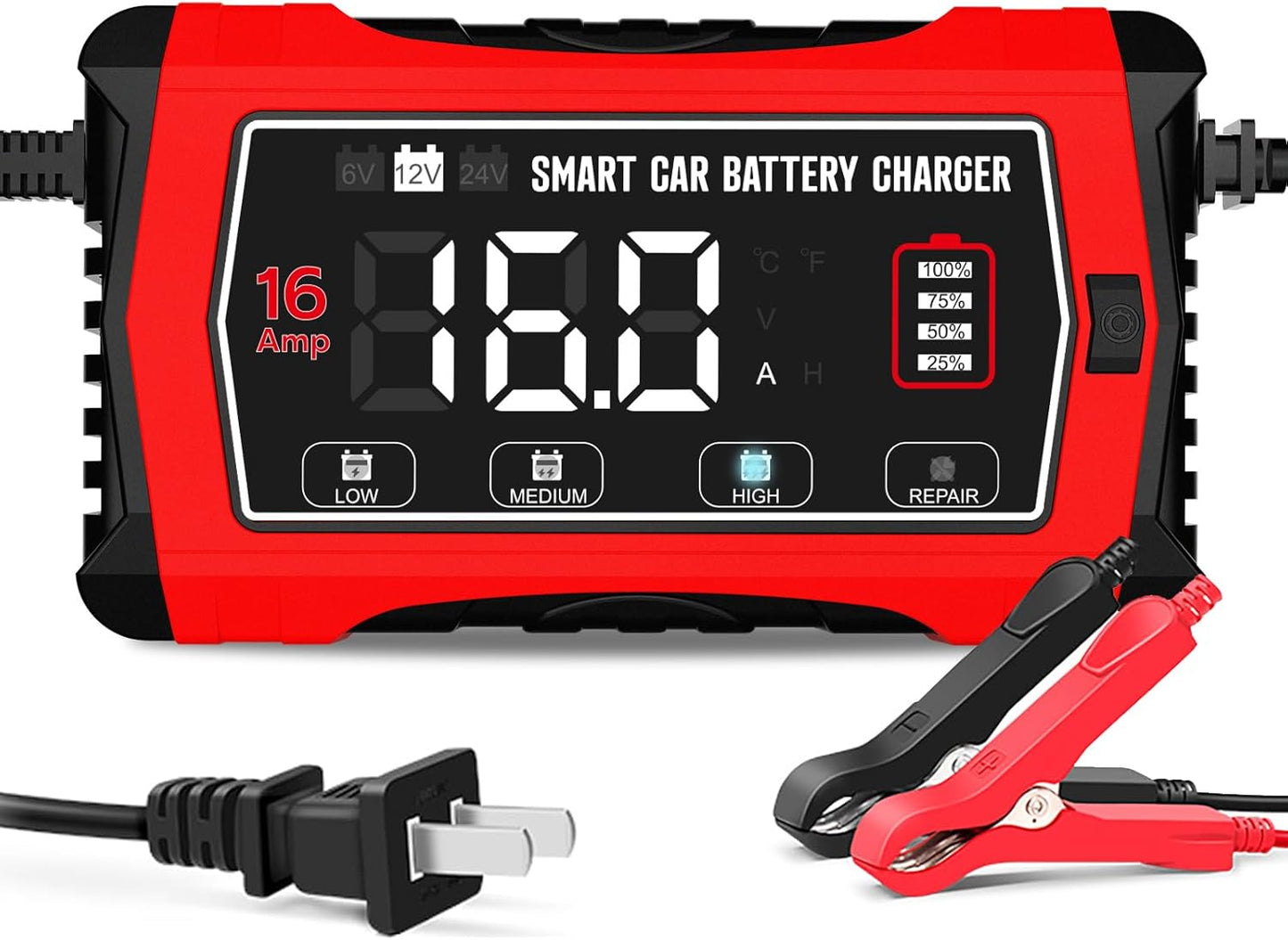 26 Amp Battery Charger, 6V/12V/24V Lithium LiFePO4 Lead Acid Smart Car Battery Charger, Automotive Maintainer Trickle Charger for Car, SUV, Motorcycle, Boat, Lawn Mower