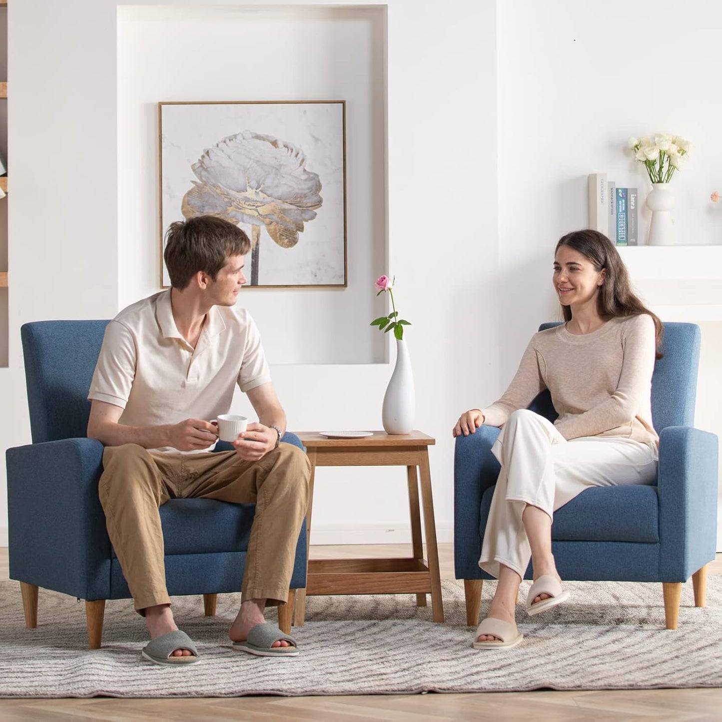 COLAMY Fabric Accent Living Room Chairs Set of 2, Upholstered Arm Chair Reading Side Chair, Single Sofa with Back Pillow and Wood Legs, Blue