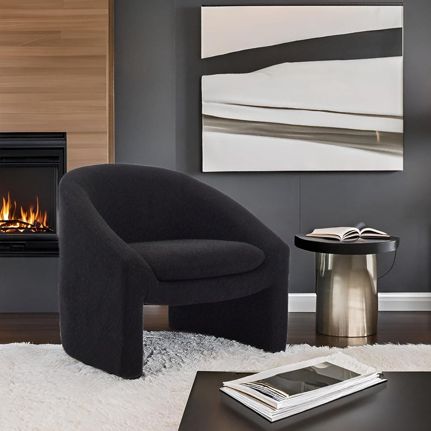CIMOTA Barrel Black Accent Chair Sherpa Cozy Reading Armchair Modern Single Sofa Chair Upholstered Comfy Lounge Chair for Bedroom/Living Room/Indoor, Boucle