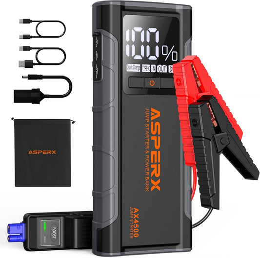 ASPERX AX4500 Jump Starter, 4500A Peak Car Jump Starter for Up to All Gas and 10.0L Diesel Engines, 12V Battery Starter with 4 Inch LCD Display, Lithium Battery Booster with Built-in LED Light