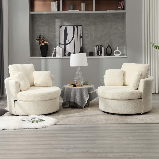 Swivel Barrel Chair Set of 2, Modern Fabric Oversized 360 Degree Club Accent Arm Chairs, Single Round Living Room Sofa Chair w/ 3 Pillows for Nursery, Bedroom, Reading, Office, Ivory