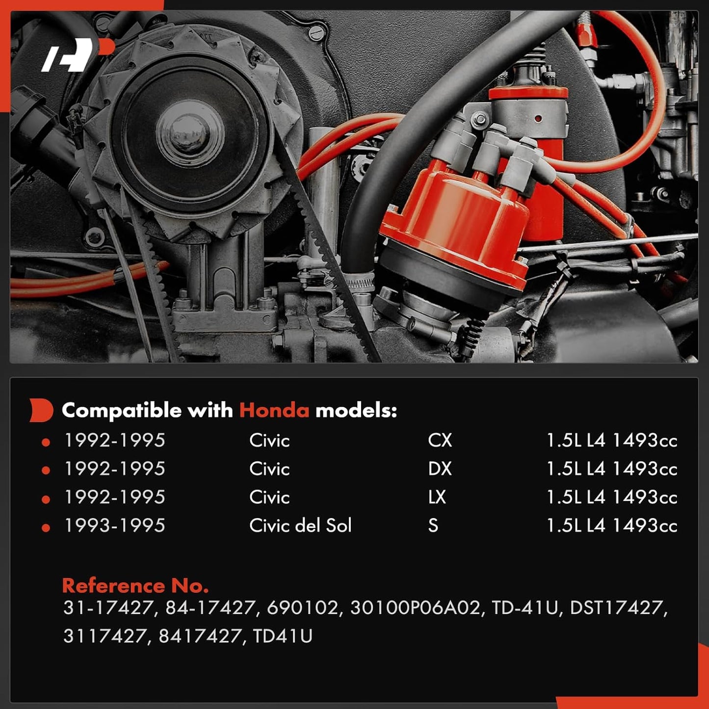 A-Premium Electronic Distributor with Cap and Rotor Compatible with Honda Civic (CX/DX/LX Model) 1992-1995, Civic del Sol (S Model) 1993-1995, 1.5L 4 Cyl