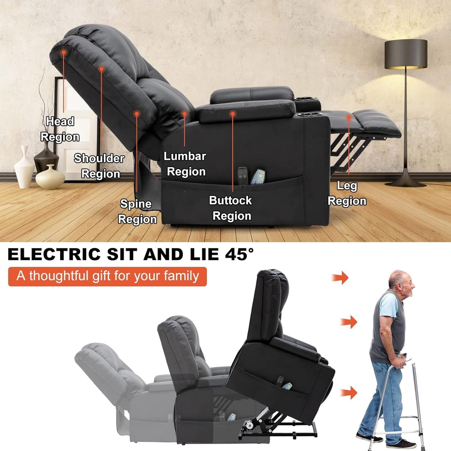 COMHOMA Power Lift Recliner for Elderly,Lift Chair with Heat and Massage,PU Recliner Sofa with Timing Function 2 Side Pockets,Cup Holders and Infinite Position for Living Room (Black)