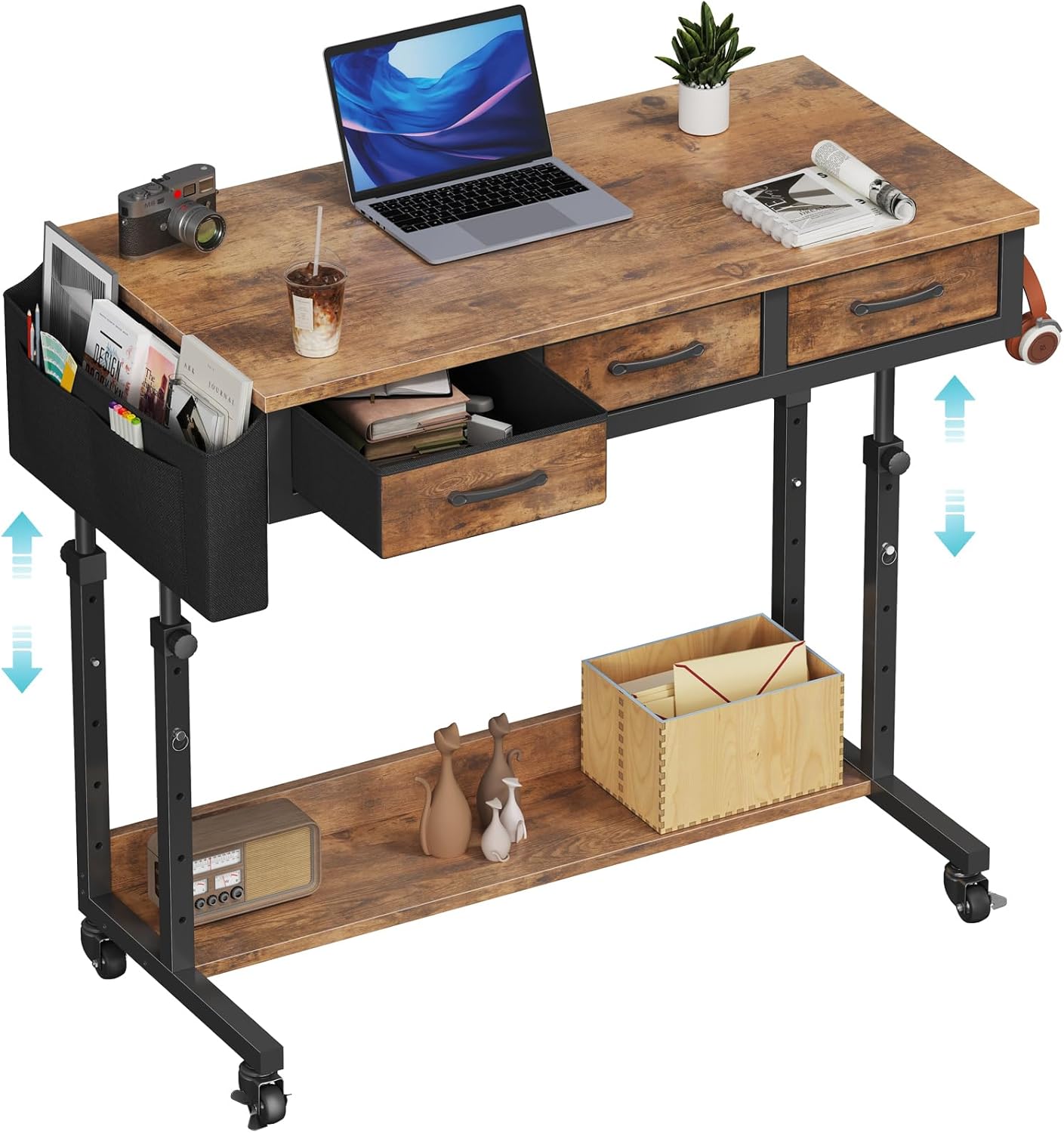 White Portable Rolling Computer Desk - 40 Inch Adjustable Mobile Standing Teacher Desks with 3 Fabric Drawers on Wheels, Couch Sofa Side Laptop Stand Up Table with Storage for Home Office, White
